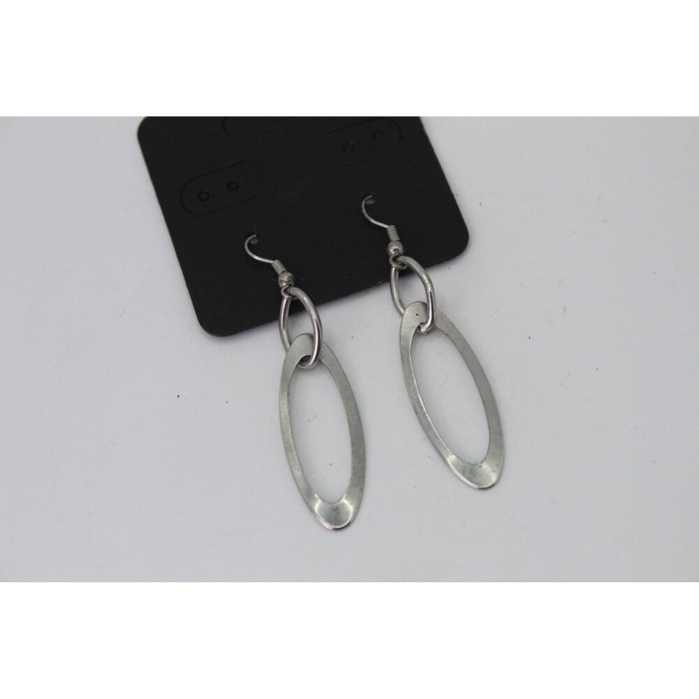 Silver-Tone Oval Drop Earrings Minimalist Modern Design Lightweight Dangle Jewel